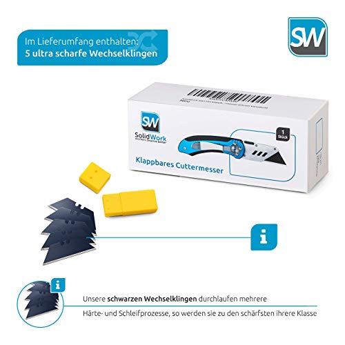 SolidWork Profi Cuttermesser inkl. ultra scharfen Ersatzklingen – klappbares Teppichmesser mit Sicherheitslock und Gürtelclip - 6